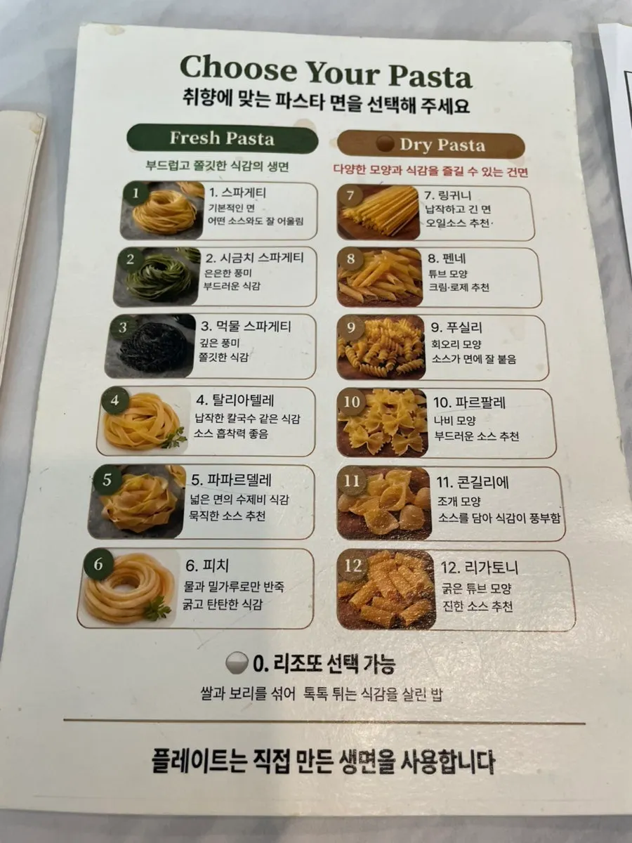 Thực đơn ghi các món pasta và pizza