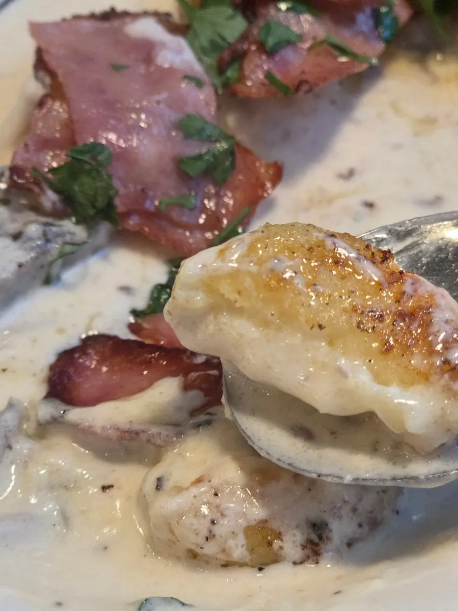 Close-up of gnocchi, crispy outside and chewy inside