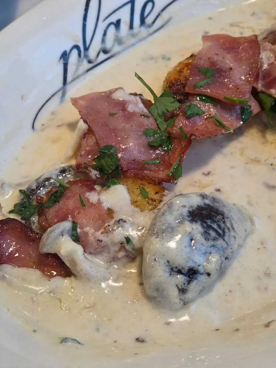 Gnocchi loaded with bacon and mushrooms