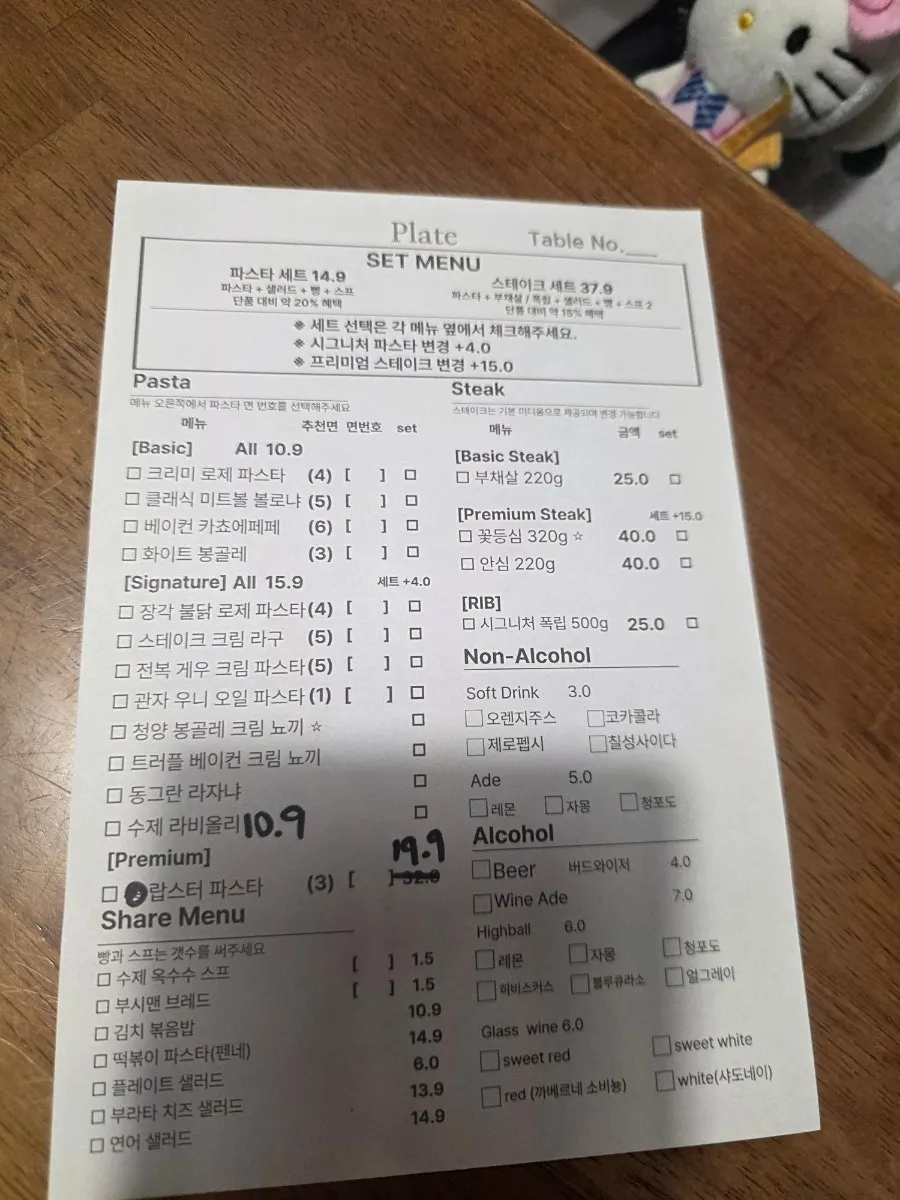 分为生面与干面的意面菜单