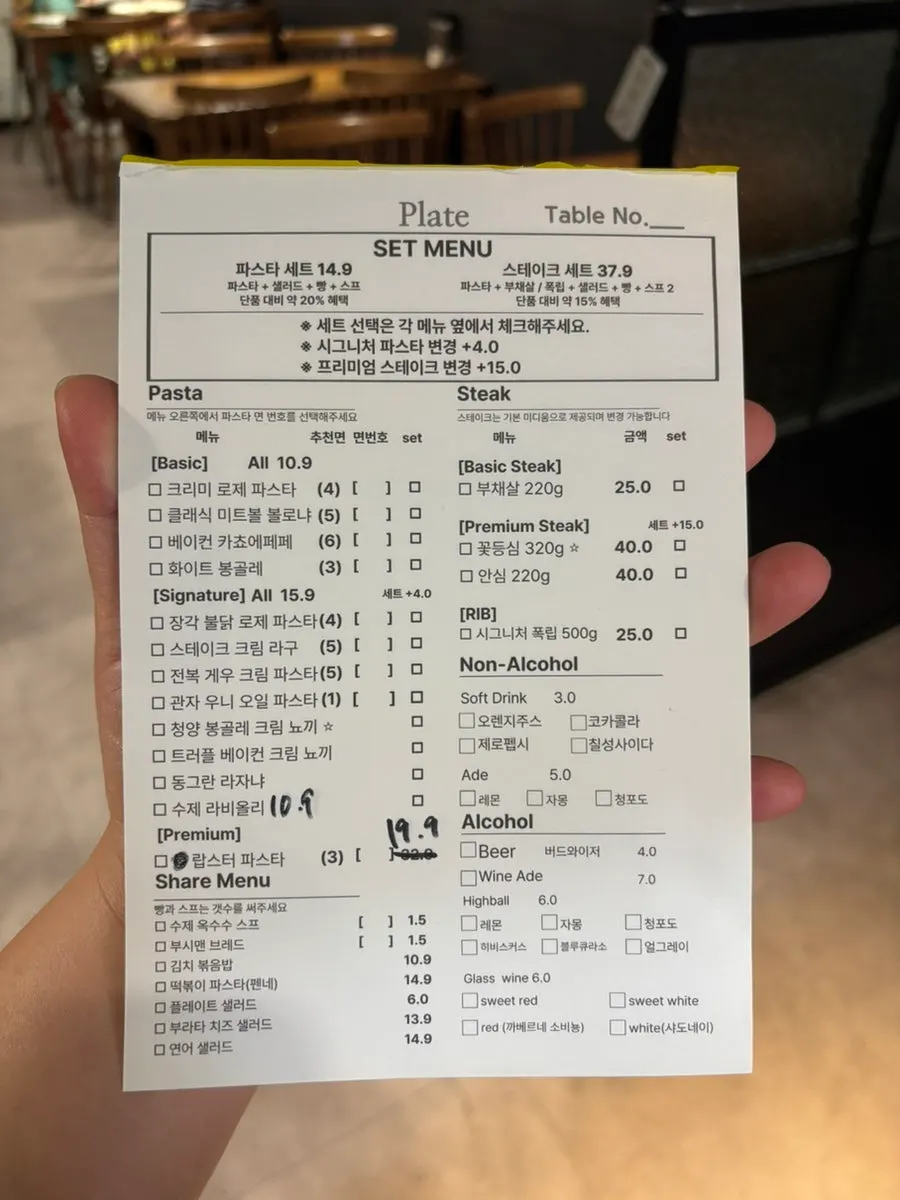 The pasta menu board at Plate's Sunhwa branch