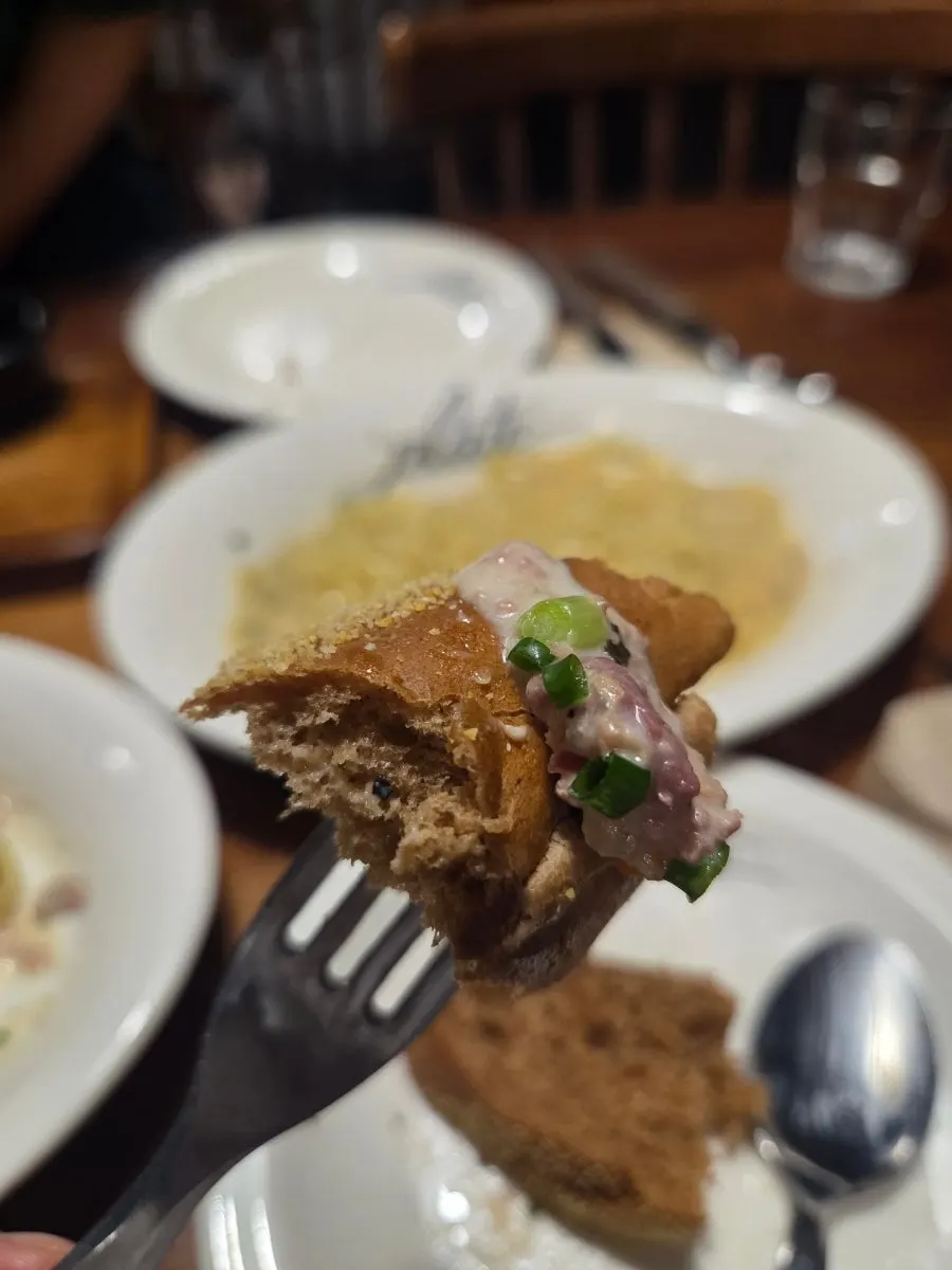 Steak cream ragù with beef steak and scallions on top