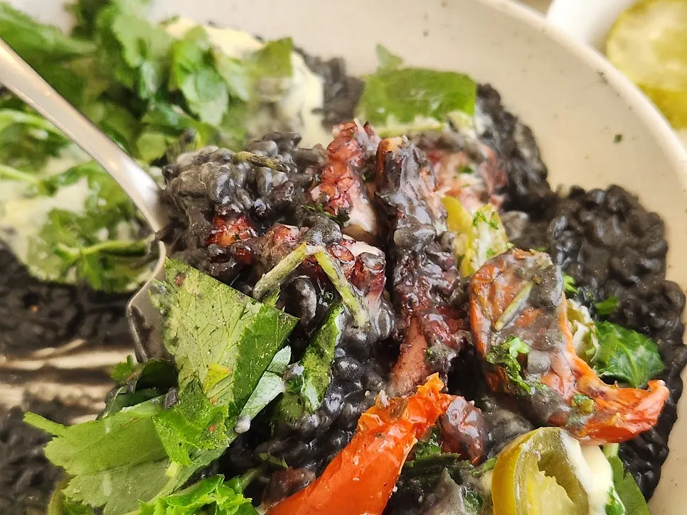 Generous portion of Eoneu Dal's octopus ink risotto