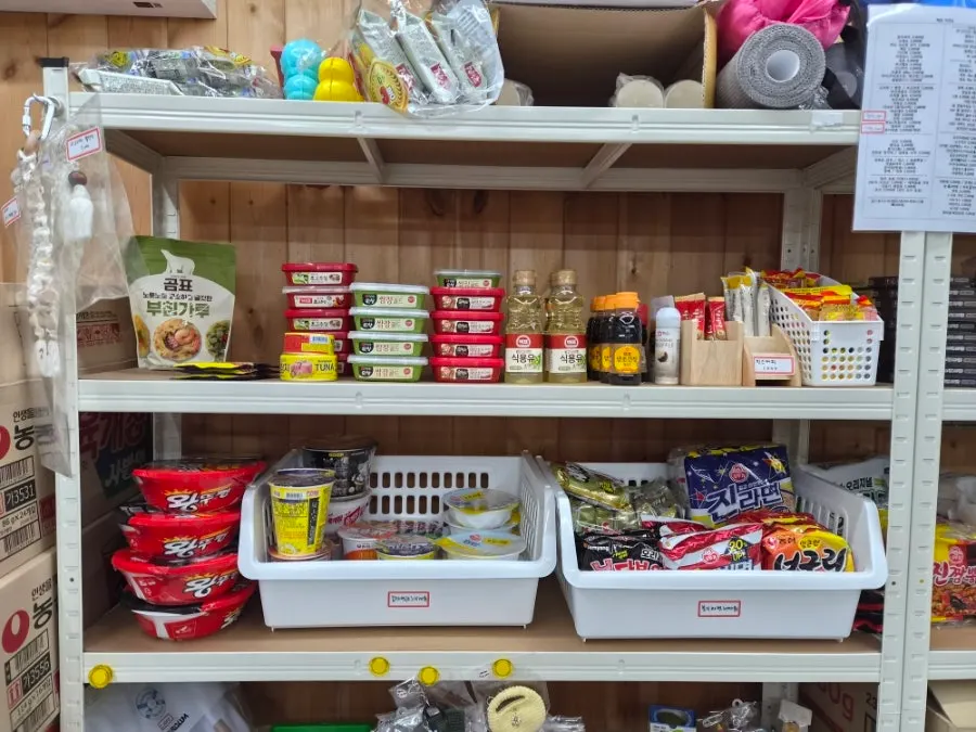The shelves inside the snack shop