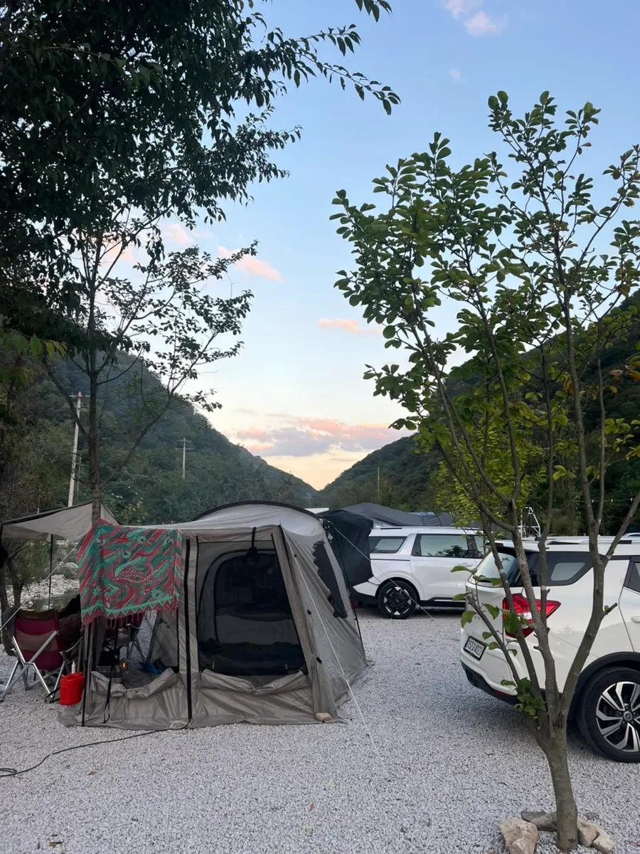 Auto camping site with a car parked next to the tent