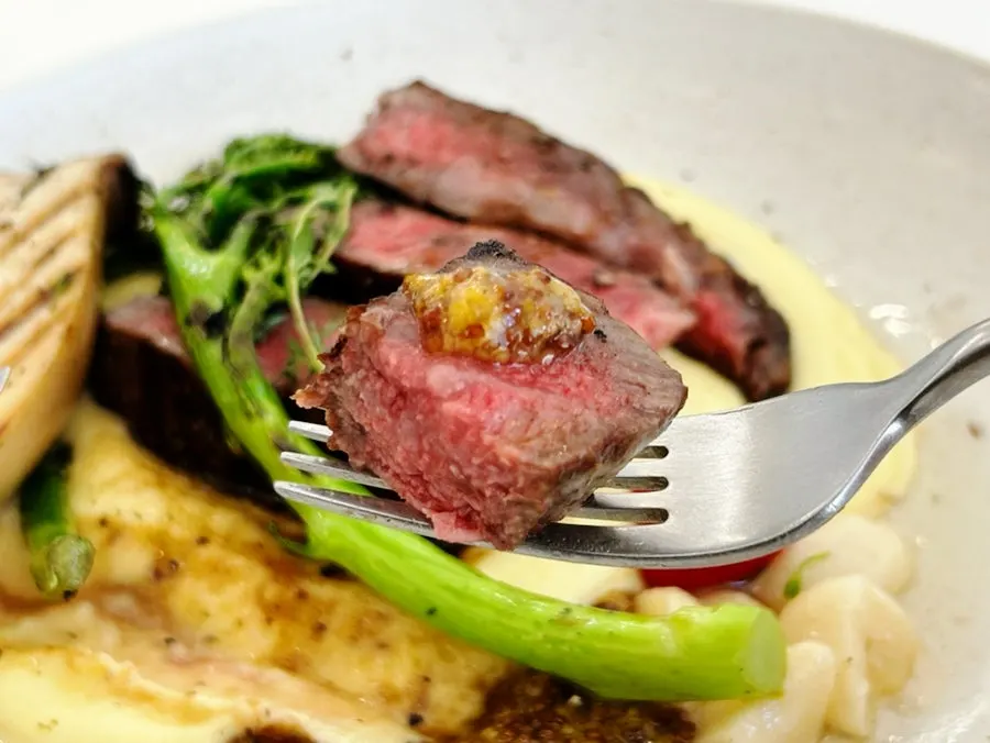 A moist cross-section of hanwoo striploin steak