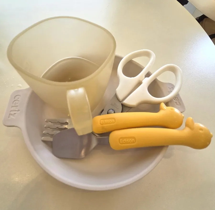 Kids' cup, fork, spoon, and scissors