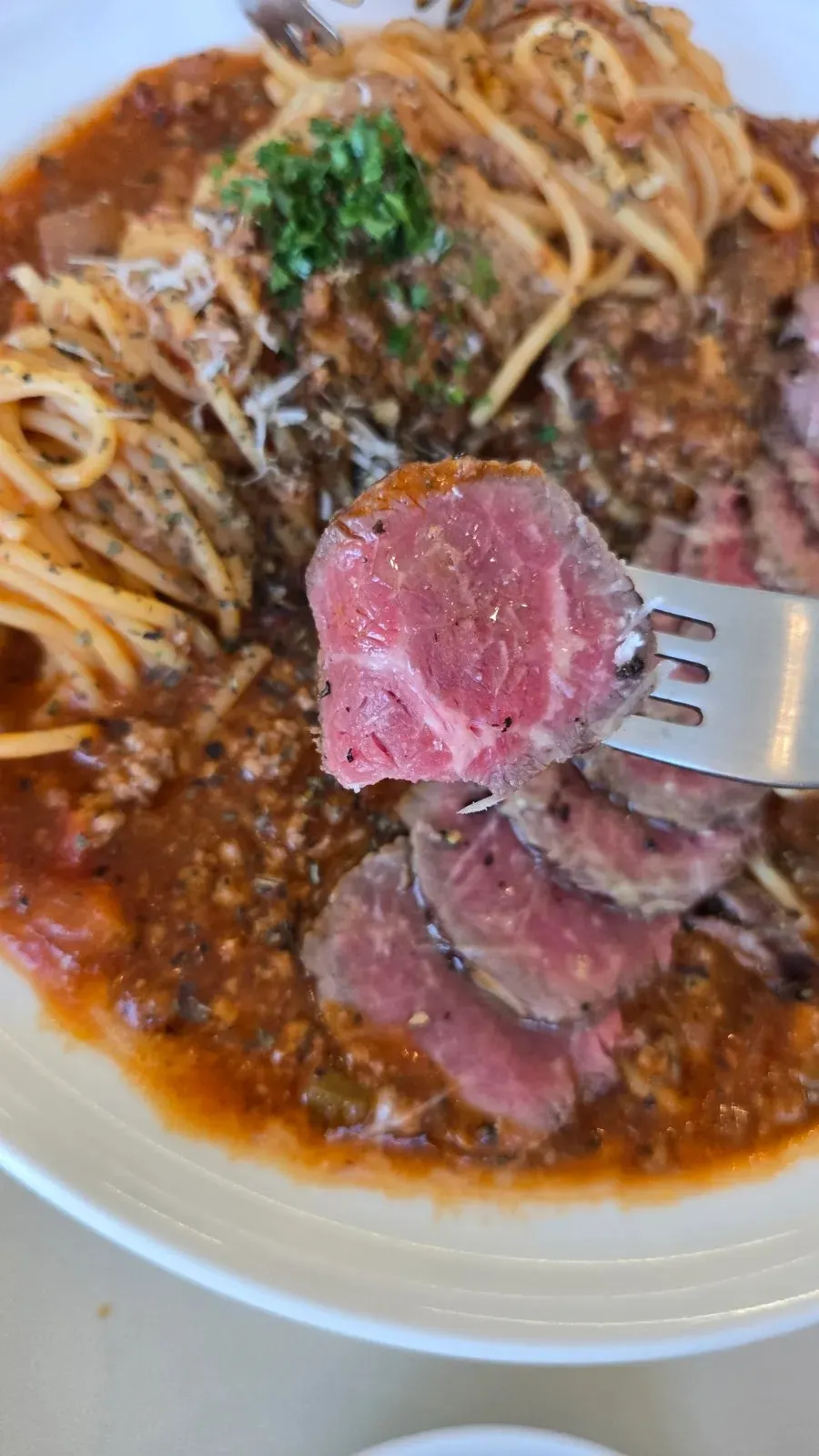 Beef tomato pasta with a generous amount of beef
