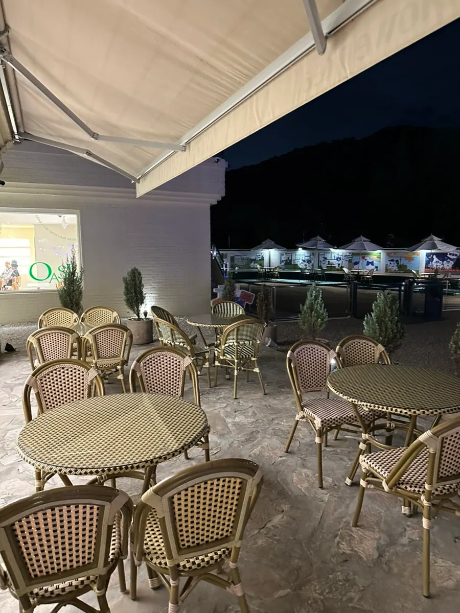 Outdoor terrace seating in front of the annex