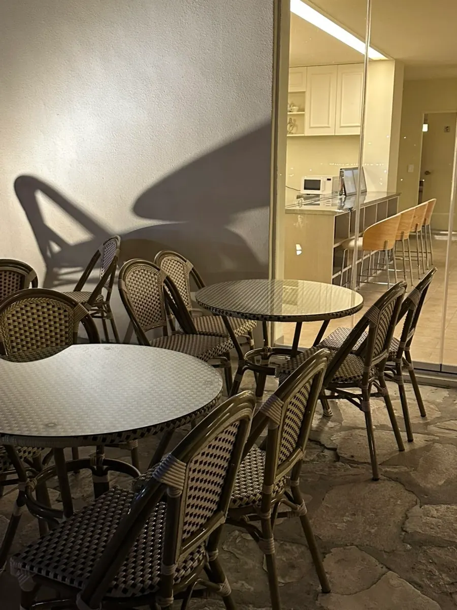 Evening terrace seats lit with soft lighting