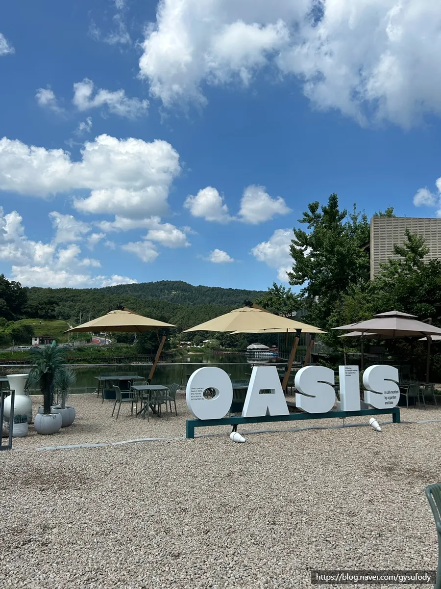 Parasol seating in the outdoor café area
