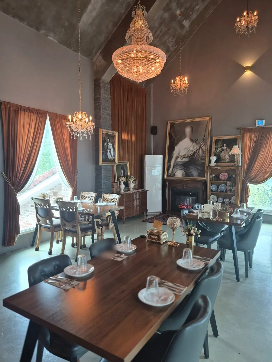 From Italy hall interior with distinctly themed seating areas