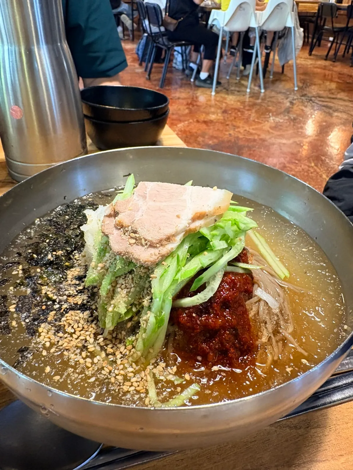 Myeongimong's water makguksu topped with shaved ice