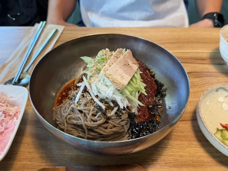 Bibim makguksu double portion topped with chilled pork