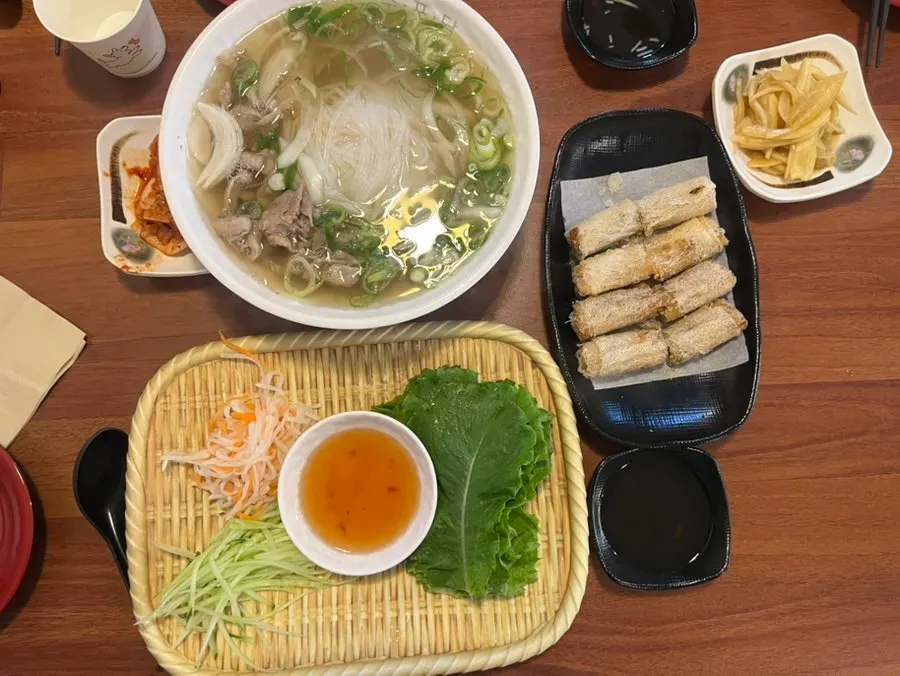 All five generous dishes laid out on the table