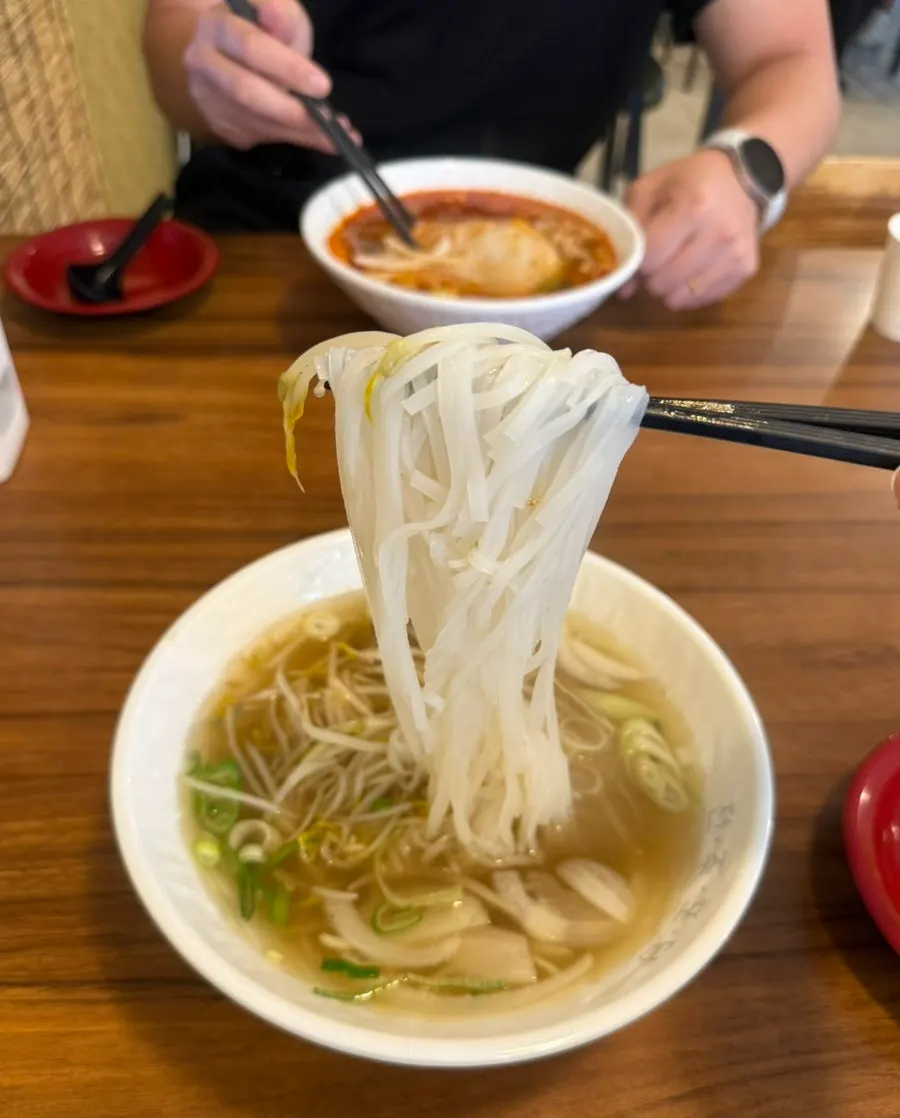 Noodles lifted from a bowl of brisket beef pho