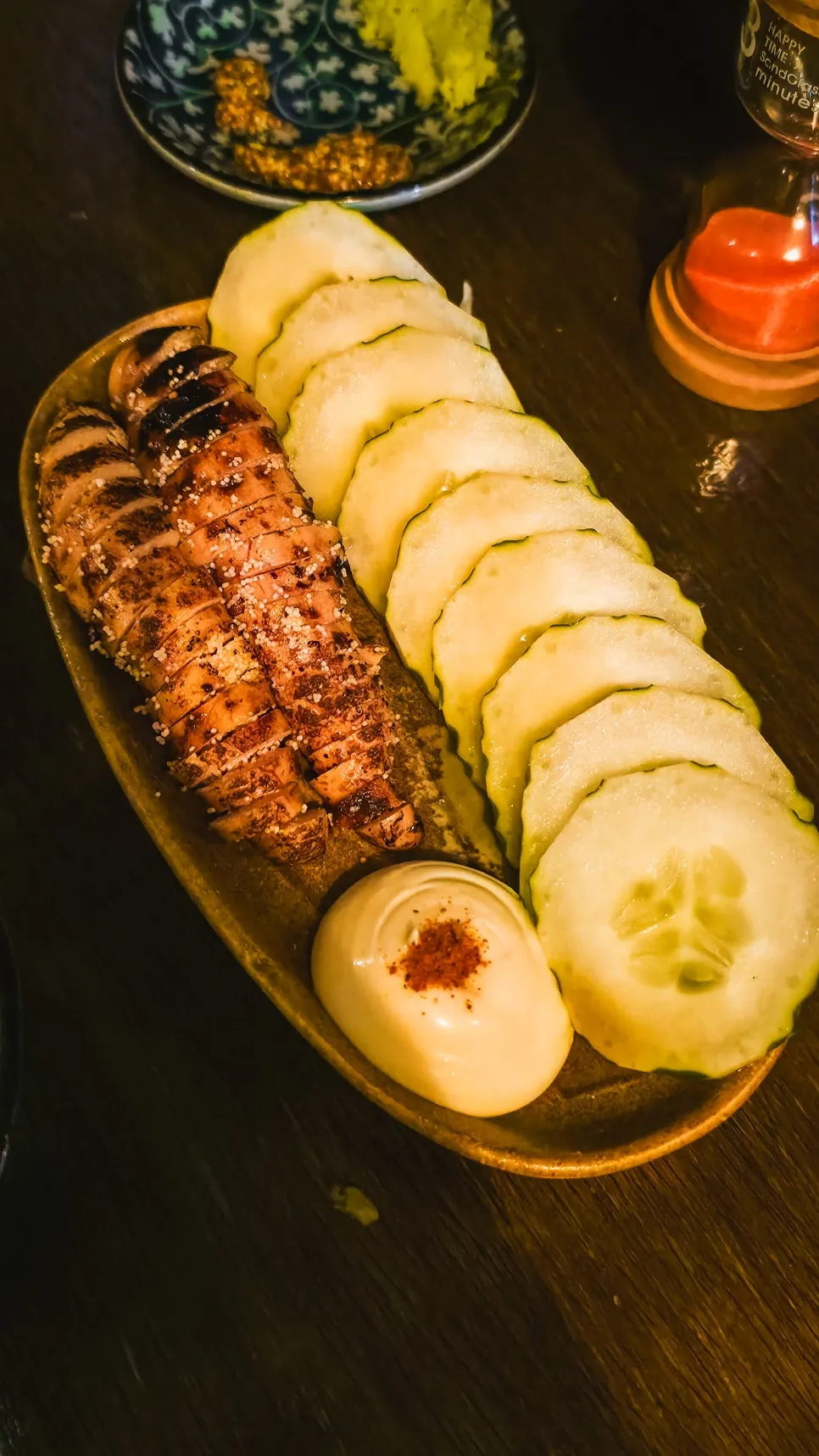 Cheese tsukune dipped in egg-yolk tare sauce