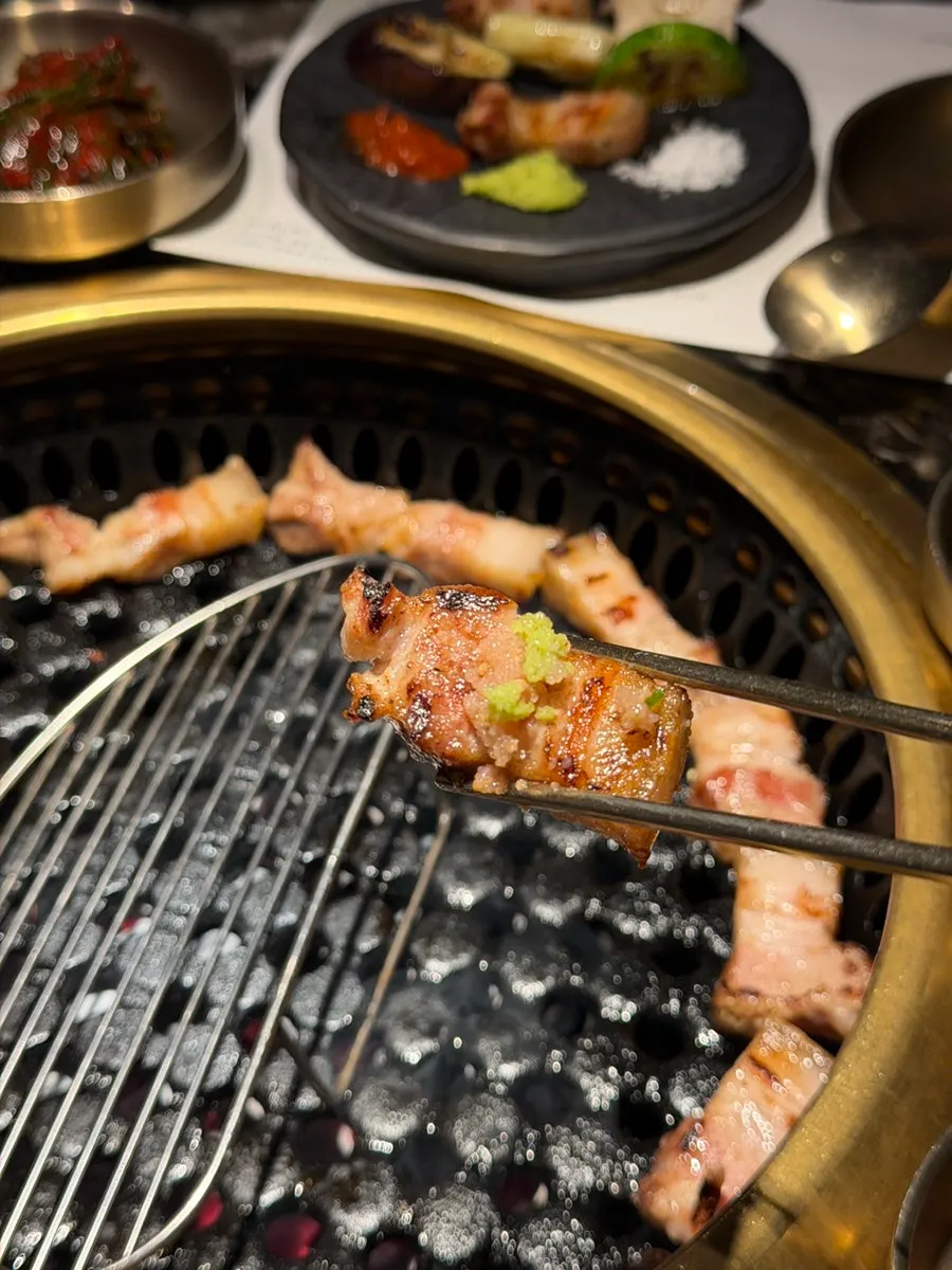 Pork belly cut and grilled into bite-sized pieces