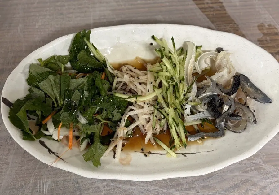 Plate of chilled pufferfish-skin salad