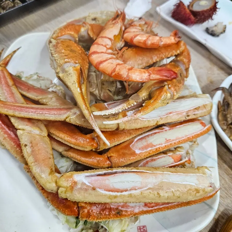 Seafood spread enjoyed with a glass of Sprite