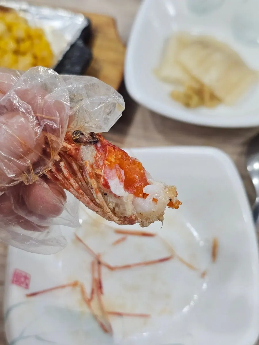 A piece of Dokdo shrimp sashimi