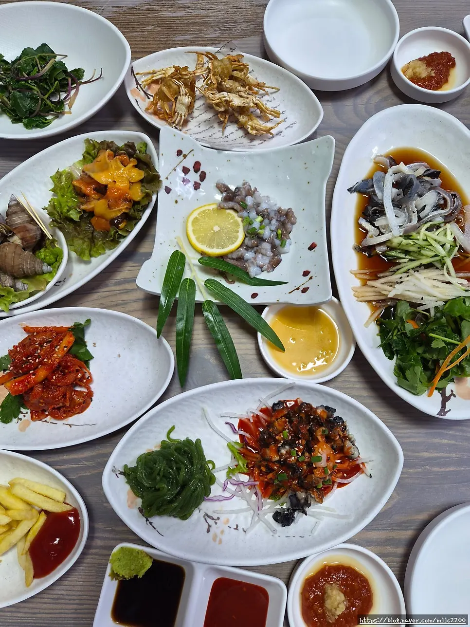 A table full of seafood for two