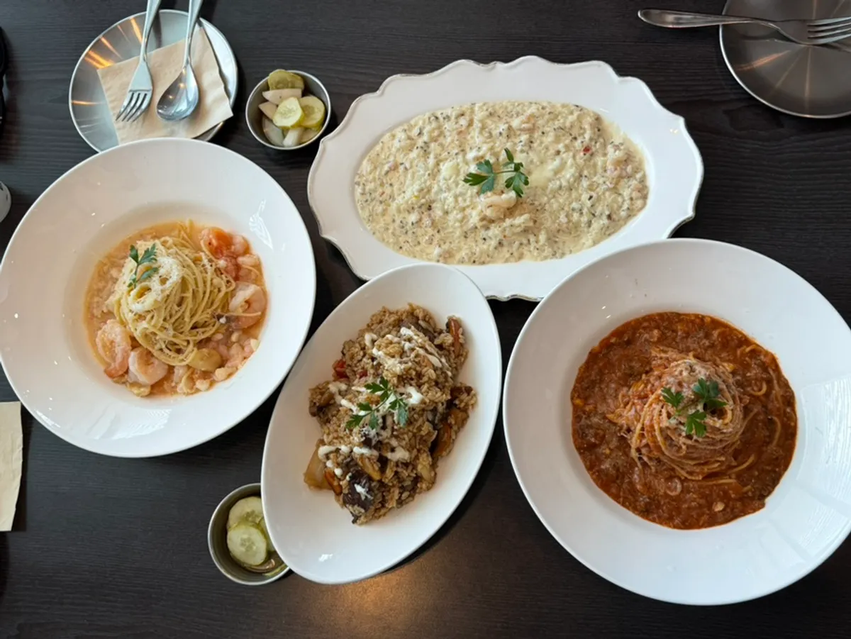 Ocean-view pasta table setting at Plan A Restaurant in Songdo, Pohang