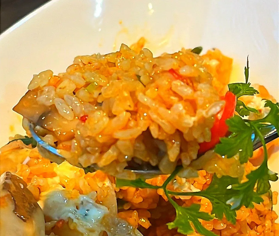 Whole-shrimp pilaf served with carbonara