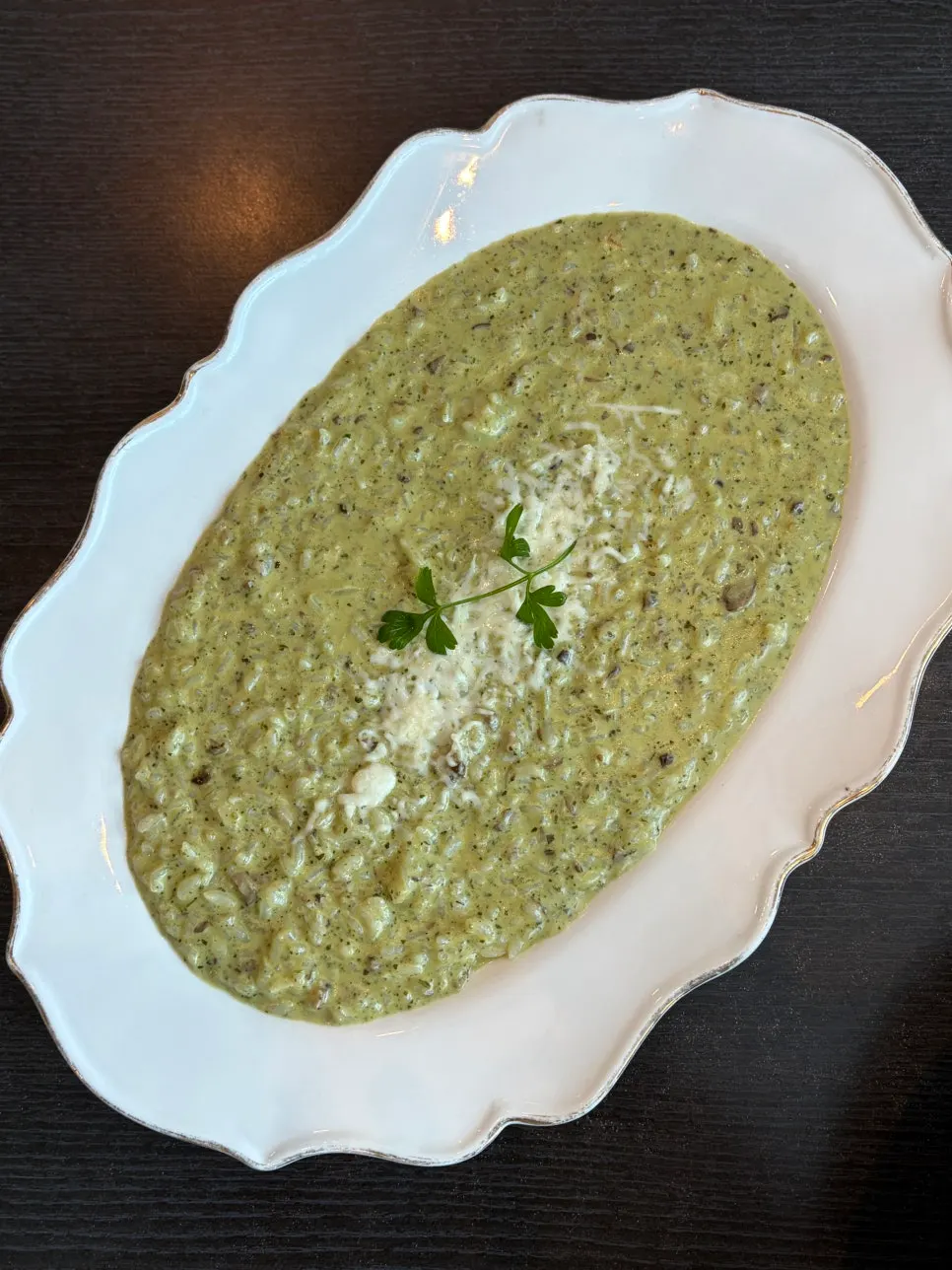 A plate of mushroom basil pesto cream risotto