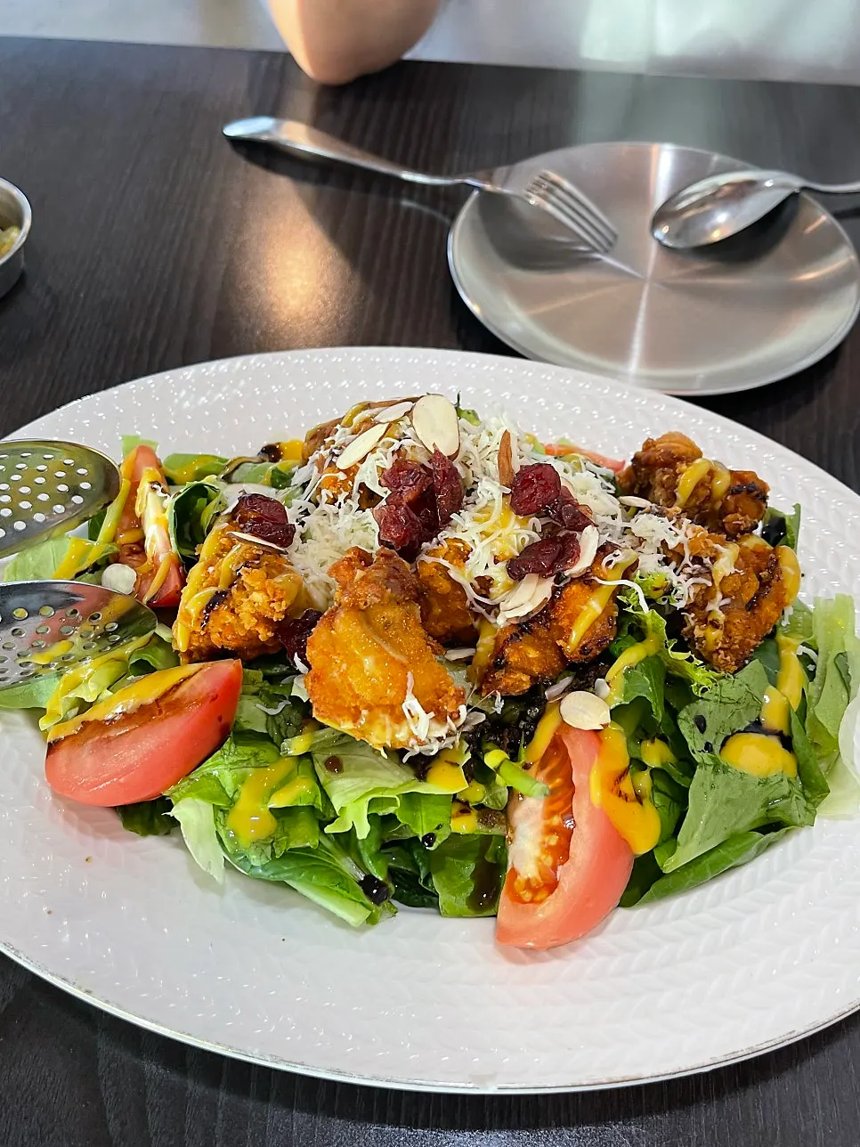 Chicken salad with chicken karaage and romaine