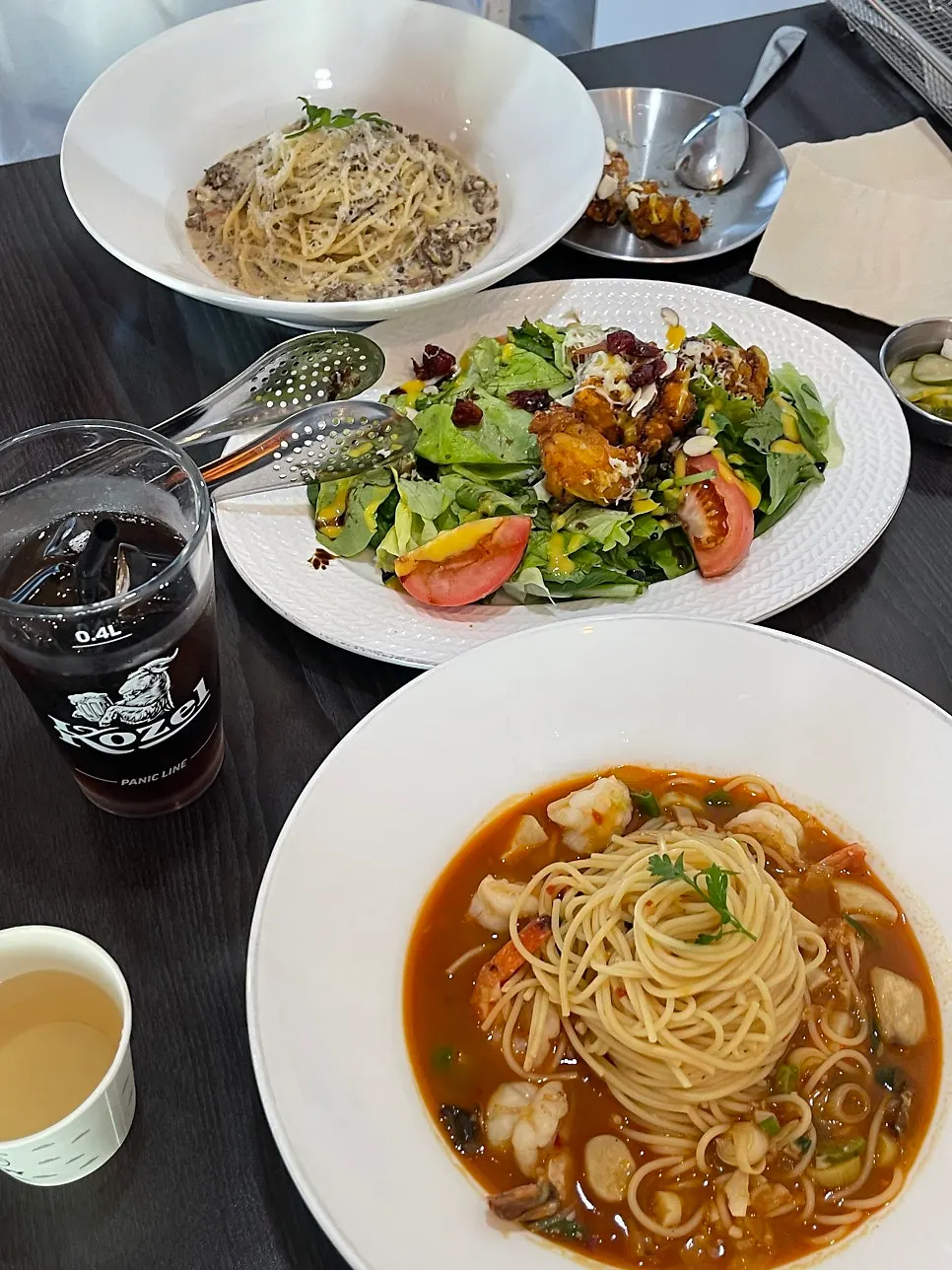 A full spread of chicken salad and pasta