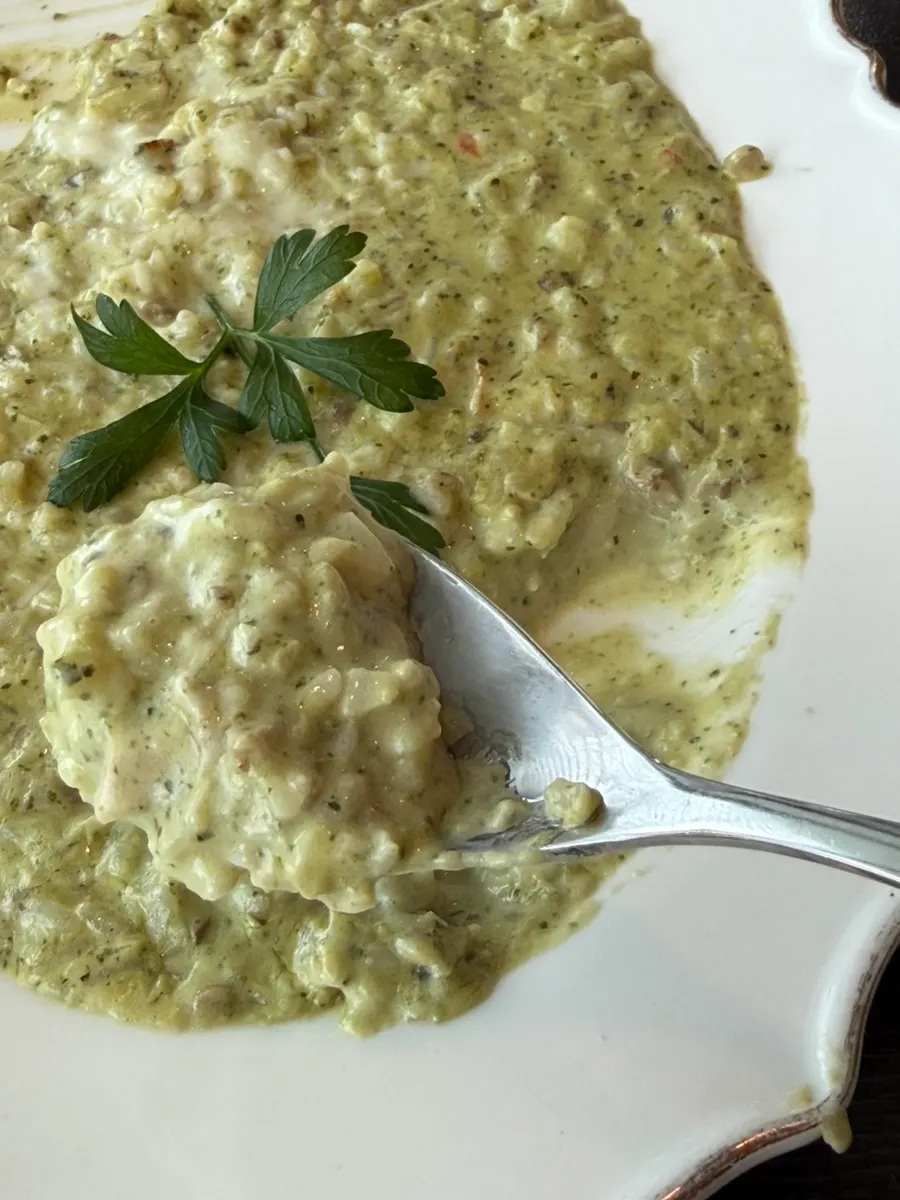 Close-up of the creamy mushroom basil cream risotto