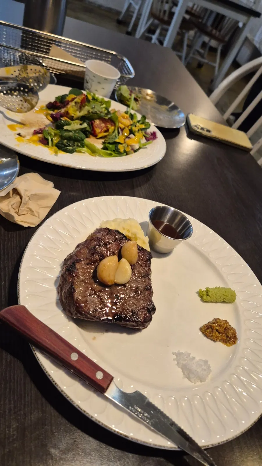 Generous shrimp salad and hanwoo sirloin steak