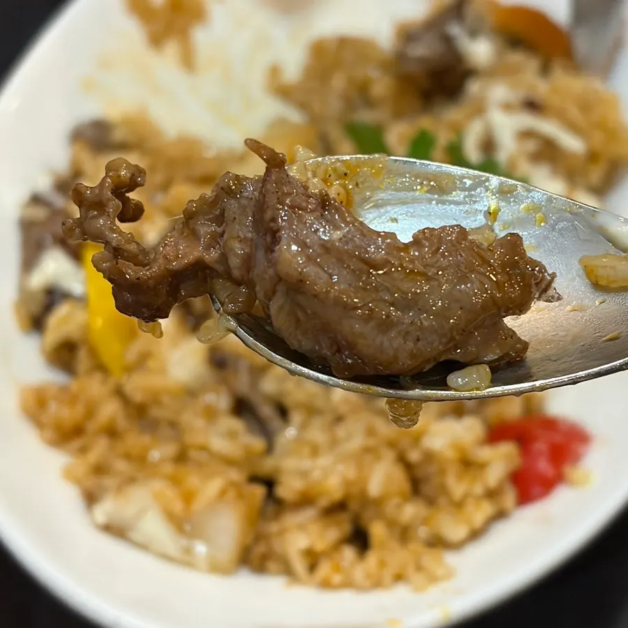 A spoonful of beef pilaf lifted up