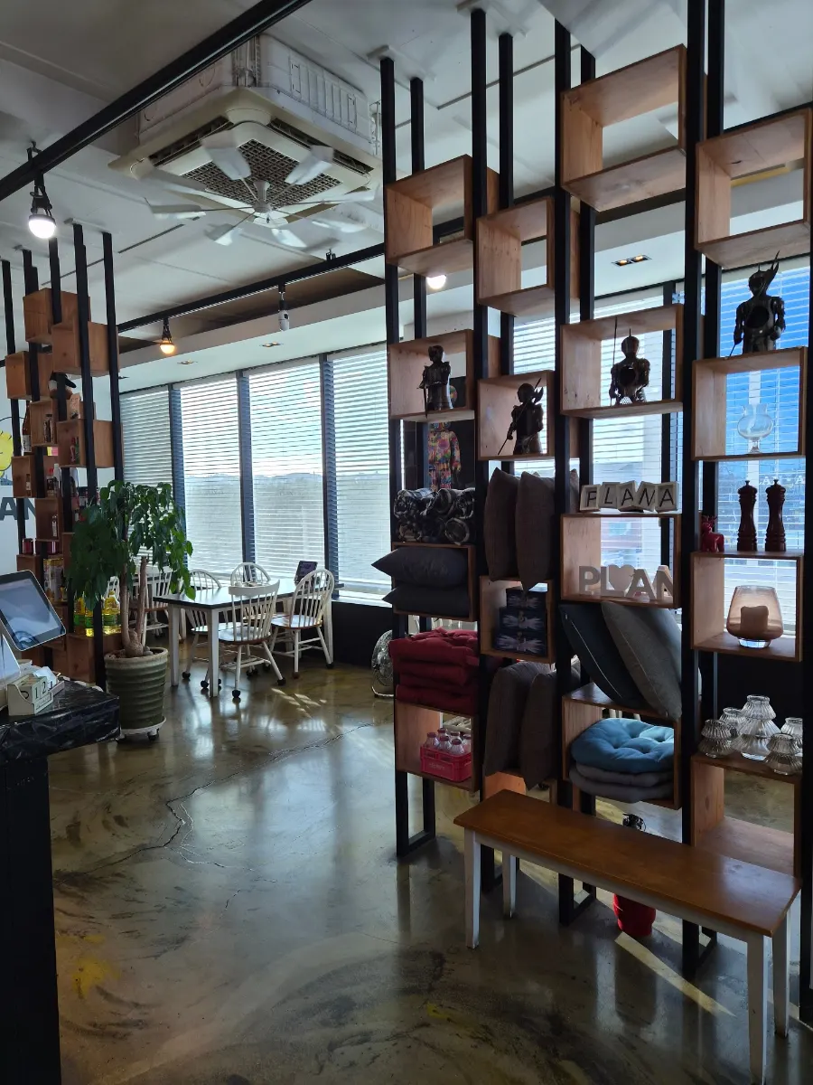 Interior of Plan A Restaurant decorated with small props