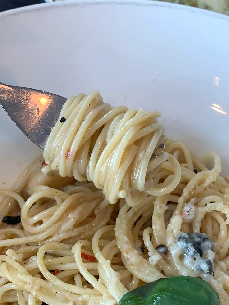 Close-up of the oil-based truffle aglio e olio