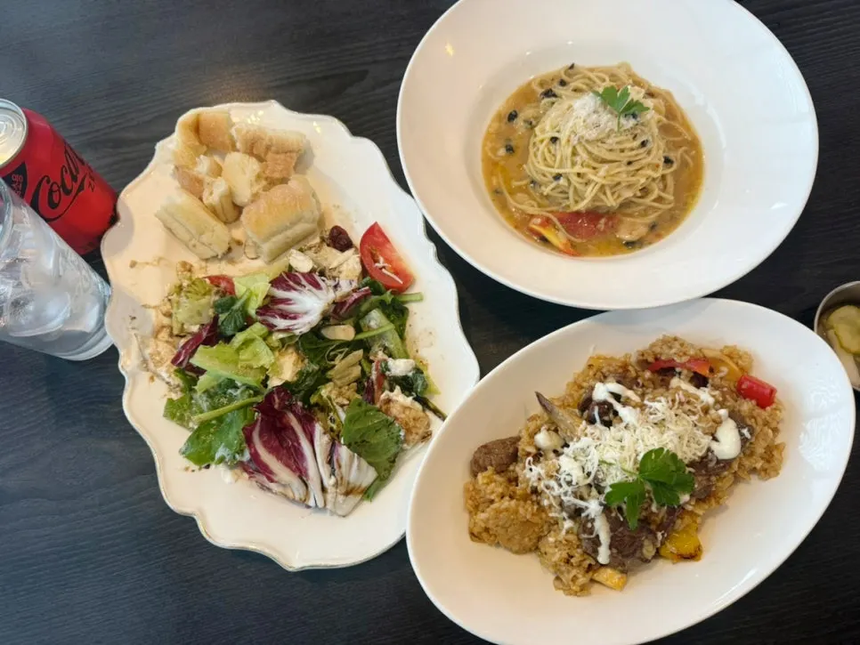 Table spread with all three dishes together