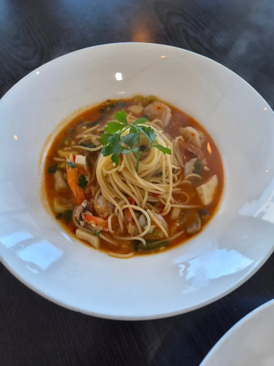 Table set with cheongyang pepper aglio olio and shrimp soup spaghetti