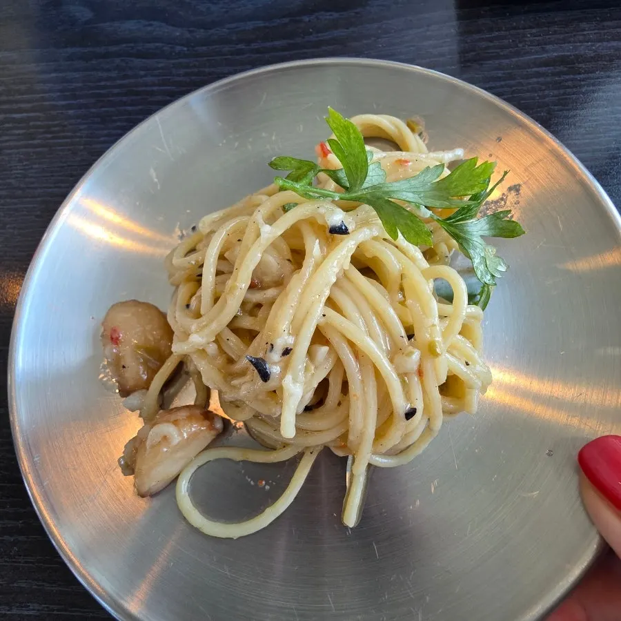 Aglio e olio with black olives and garlic