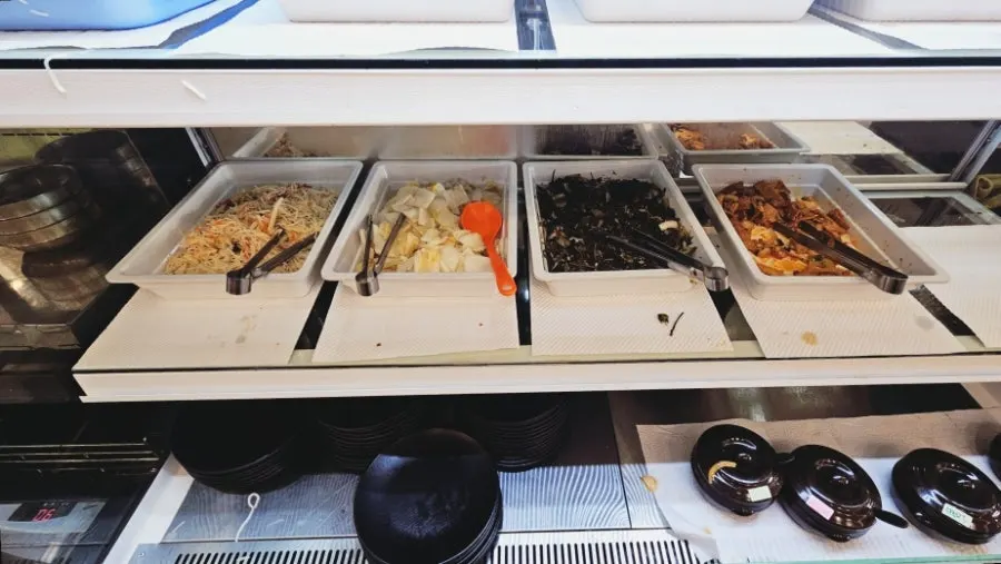 Somyeon noodle and broth section of the self-serve bar