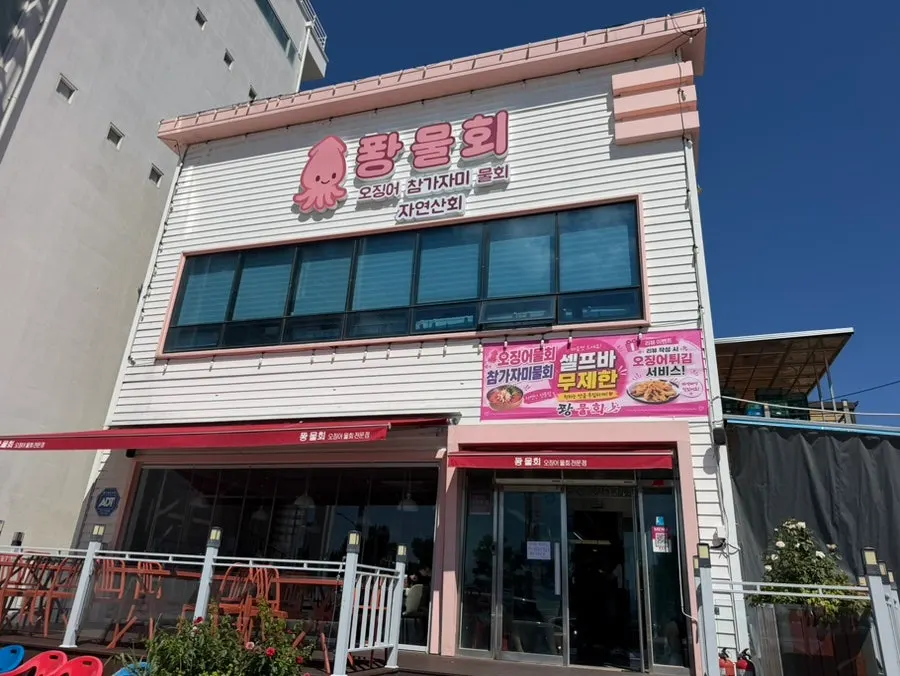 Pink building exterior of Ppwang Mulhoe on Yeongildae's Haean-ro