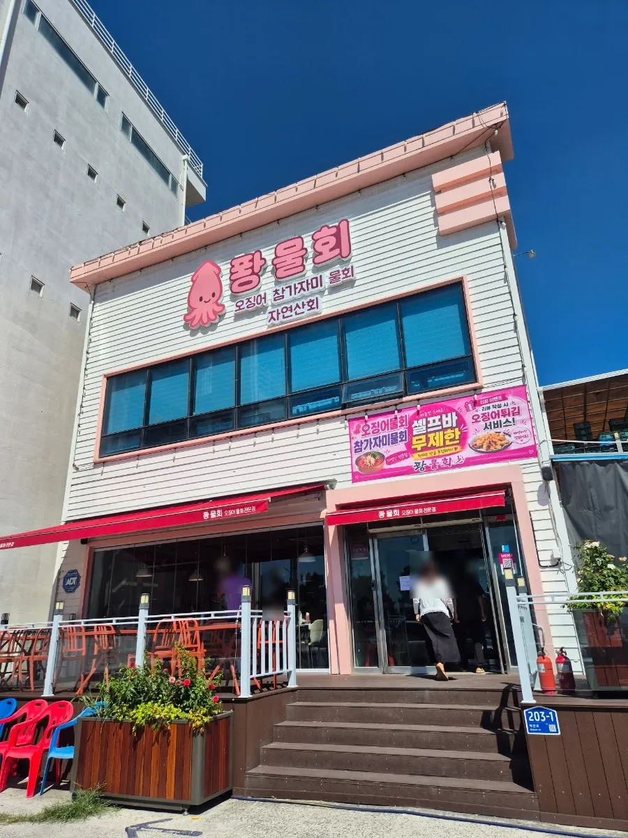 퐝물회 외관의 오징어 캐릭터 로고