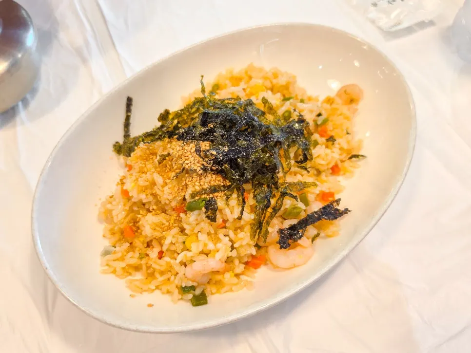 A plate of fluffy shrimp fried rice