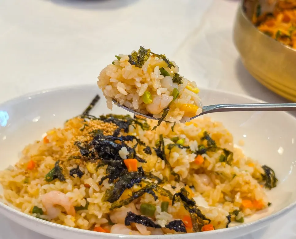 Shrimp fried rice eaten alongside mulhoe