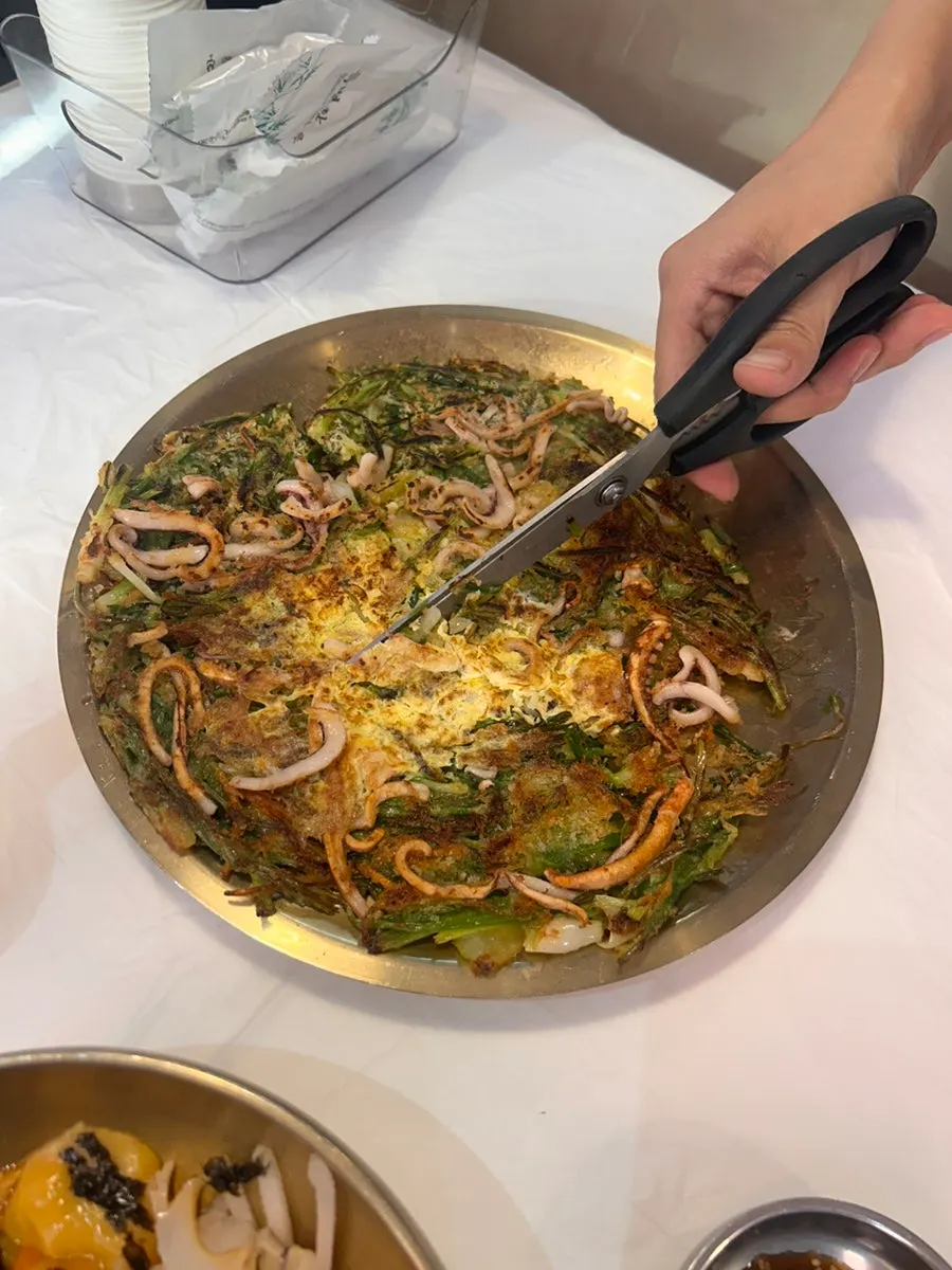 A crispy pajeon fresh off the pan