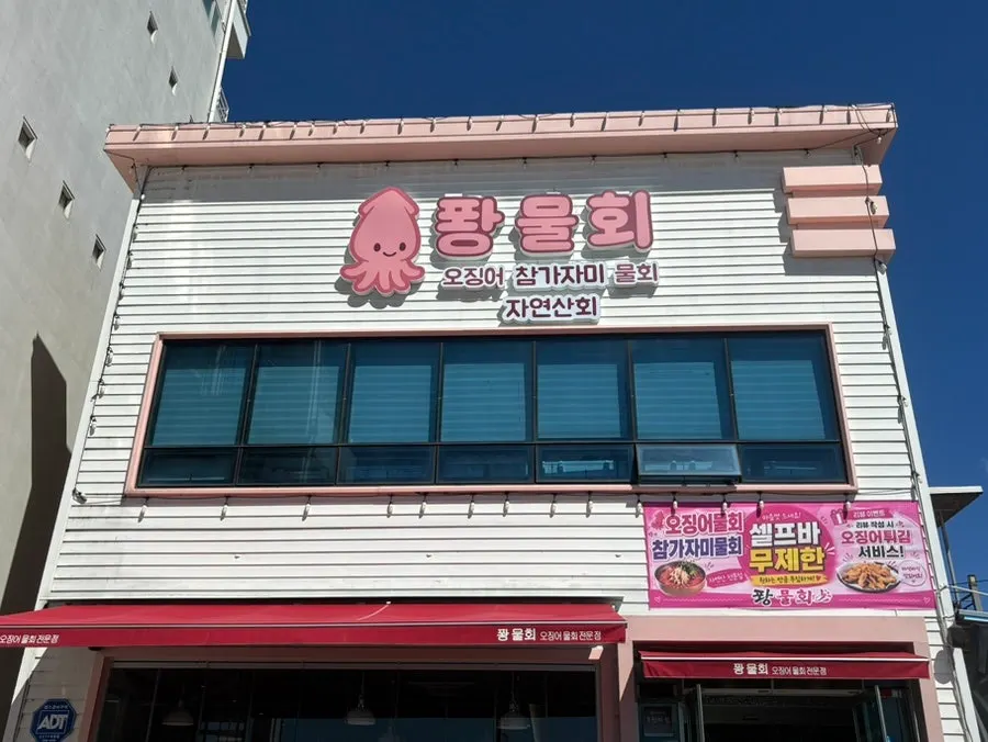 분홍색 간판과 오징어 캐릭터가 있는 퐝물회 외관