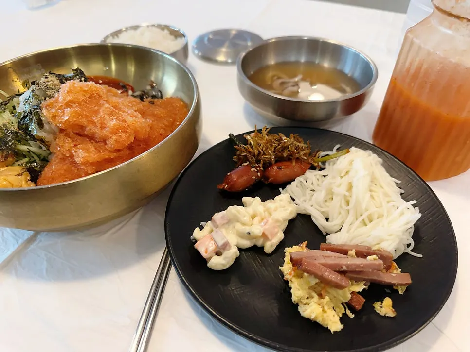A plate of banchan and snacks gathered from the self bar