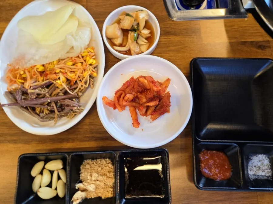 Side dishes at Neolpanji including pickled onion and dried radish strips