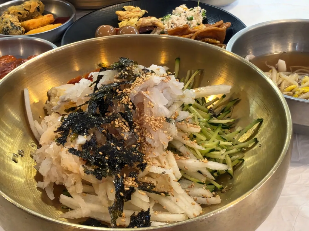 A bowl of squid mulhoe at Ppwang Mulhoe near Yeongildae, Pohang