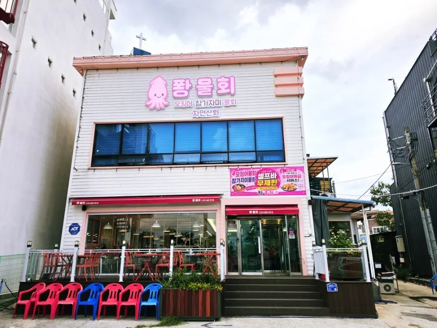 Pink exterior of Ppwang Mulhoe in front of Yeongildae Beach
